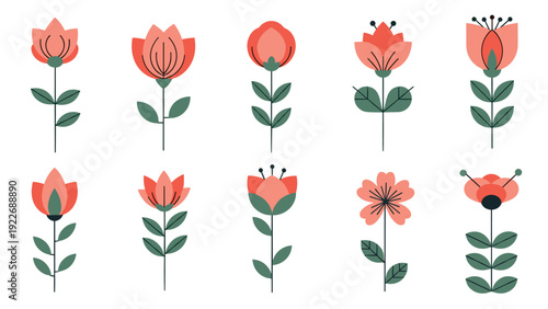 Set of ten different stylized pink flowers with green leaves on stems isolated on a clean white background for design.