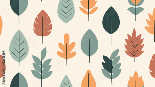 Seamless pattern of various colorful autumn leaves in earthy tones of green, orange, and brown for seasonal design.