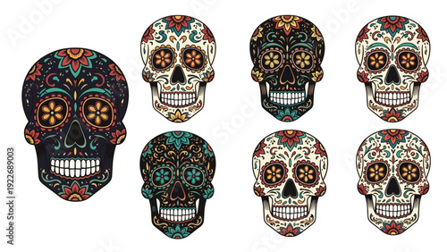 Collection of seven differently decorated sugar skulls for day of the dead or halloween themed designs on white.
