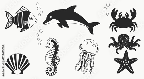 Hand-drawn Black and White Marine Life Cartoon Doodle Set. Ocean Sea Animals Collection including Fish, Dolphin, Crab, Seahorse, Jellyfish, Octopus, Starfish, and Seashell on White.
