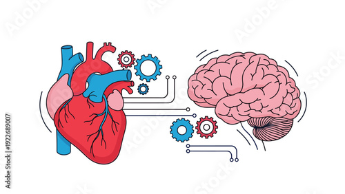 Conceptual illustration of a heart and brain connected by electronic circuits and gears representing emotion and logic.