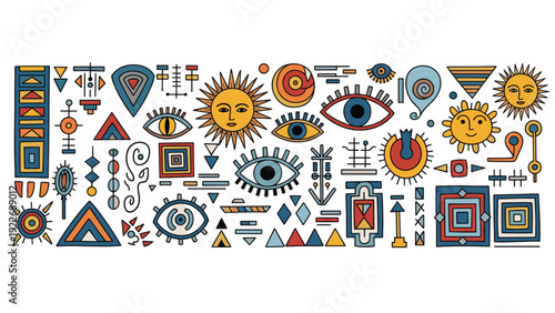 Large collection of ethnic tribal and sun symbols with eye motifs in a hand drawn rustic style on white background.
