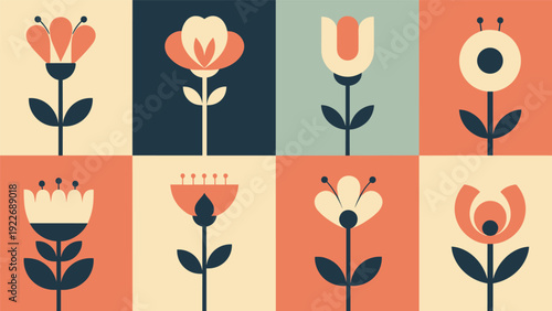 Seamless geometric flower pattern in a retro color palette of orange, cream, and dark blue for textile design.