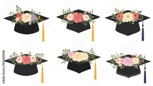 Collection of six black graduation caps decorated with beautiful colorful floral arrangements for celebration.