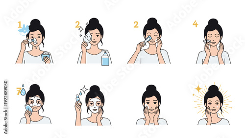 Skincare routine guide illustrates step by step facial treatment steps for healthy glowing skin using various beauty products.