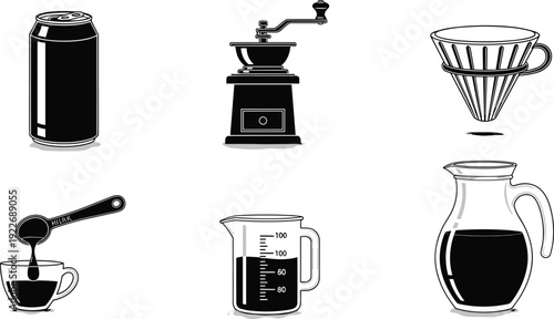 Coffee brewing equipment vector set. Can, grinder, dripper, measuring cup and carafe silhouettes. Black and white barista tools illustration collection.