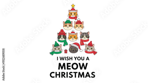 Festive cat christmas tree illustration with feline heads wearing hats and scarves creates a humorous holiday greeting card.