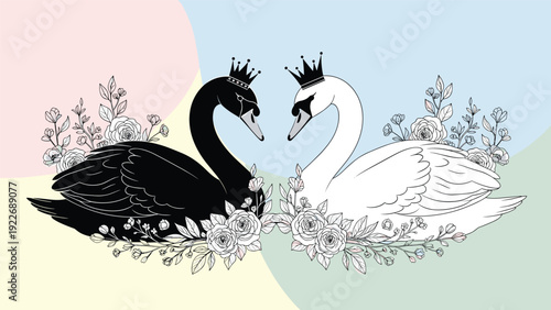 Black and white swans wearing royal crowns and facing each other are surrounded by delicate floral sketches for a romantic feel.