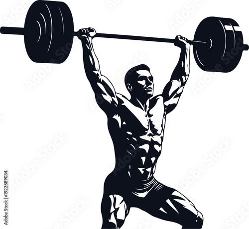 Vector Illustration of a Strong Bodybuilder Lifting a Heavy Barbell Overhead in a Gym Powerlifting Workout