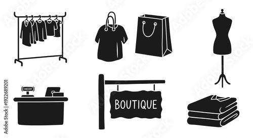 Fashion and Retail Store Shopping Icons Set. Black and White Glyph Vector Art depicting Clothing Rack, Mannequin, Shopping Bag, Boutique Sign, and Cash Register.