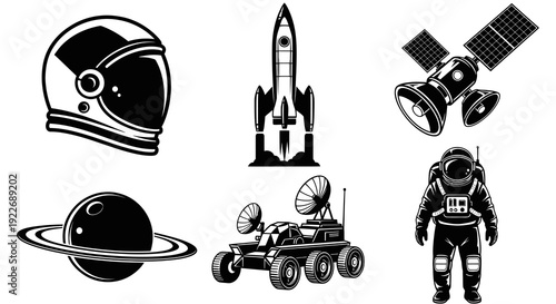 Space Exploration Elements Monochrome Vector Set. Black and White Line Art Icons with Astronaut Helmet, Rocket, Satellite, Planet, Rover, and Spaceman.