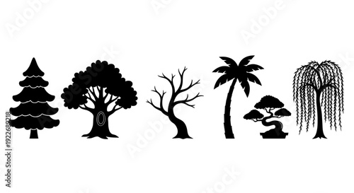 Nature  Gardening Vector Icons: Diverse Tree Silhouettes Collection. Featuring Pine, Oak, Cherry Blossom, Palm, Bonsai, and Weeping Willow Stylized Illustrations.
