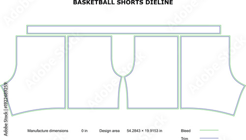 A technical drawing of basketball shorts with detailed measurements and design specifications