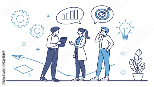 Business team collaborating on strategy with graphs and targets