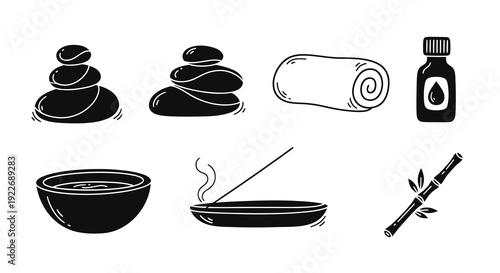 Spa and Wellness Glyph Icons Set. Hand-drawn Black and White Doodle Collection of Relaxation Elements: Hot Stones, Essential Oil, Towel, Incense, and Bamboo.