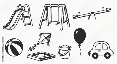 Black and White Line Art Icons Set: Hand-Drawn Children's Playground Equipment and Toys like Slide, Swing, Seesaw, Ball, Kite, Sandbox, Balloon, Car for Kids Play.