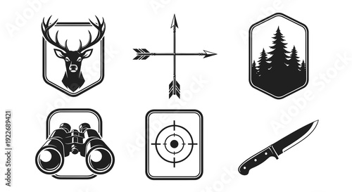 Outdoor Hunting and Adventure Glyph Icons Set: Stag, Arrows, Forest, Binoculars, Target, Hunting Knife. Monochromatic Black  White Vector Symbols for Wilderness Enthusiasts.