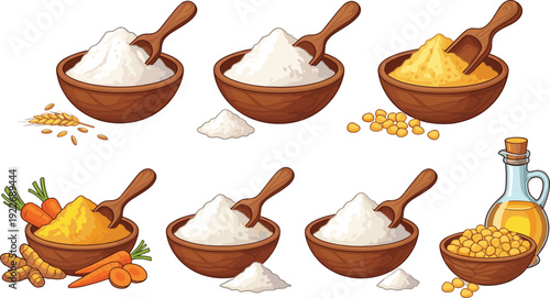 Flour and grain powder vector set. Corn, wheat and turmeric powder in wooden bowls. Organic cooking ingredients illustration collection.
