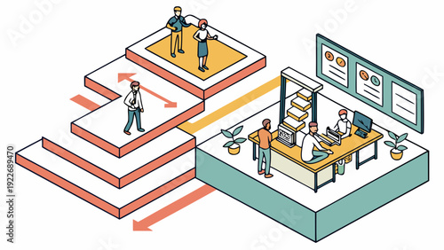 Business team working collaboratively in modern office environment with workflow progression