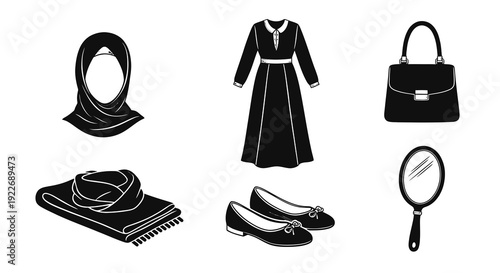 Modest Fashion  Islamic Clothing Accessories in Engraved Black and White Line Art: Hijab, Abaya, Scarf, Handbag, Shoes, Mirror Icons for Women's Style.