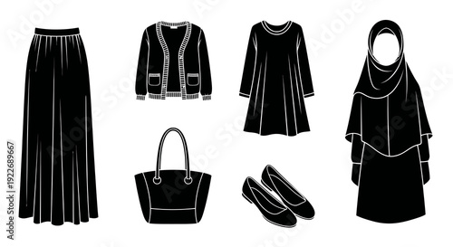 Fashion Industry Modest Women's Clothing and Accessories Black and White Glyph Icons. Hijab, Skirt, Dress, Cardigan, Tote Bag, and Flat Shoes Silhouette Art.