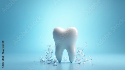 Forma de diente brillante rodeada de burbujas de agua brillante y un brillo de luz suave sobre un fondo azul limpio