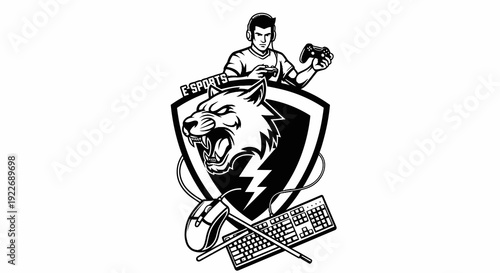 Monochrome E-sports Gaming Mascot Logo with Fierce Wolf Head, Gamer, Shield, Joystick, Keyboard, and Mouse in Bold Black and White Line Art Illustration Style