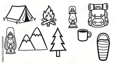 Outdoor Camping  Hiking Line Art Icons Set. Black and White Doodle Collection of Essential Camp Gear: Tent, Backpack, Campfire, Mountains, Lanterns, Sleeping Bag, Tree, Mug for Adventure.