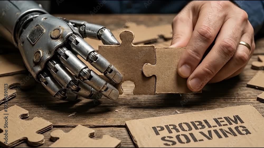Robot hand and human hand puzzle piece problem solving teamwork ...