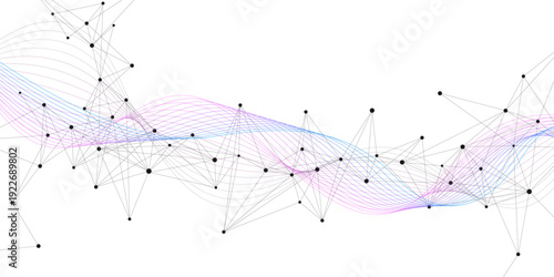 Abstract black plexus and colorful wave flow on white background. Digital network connection and big data visualization. Design for science and technology innovation. Vector
