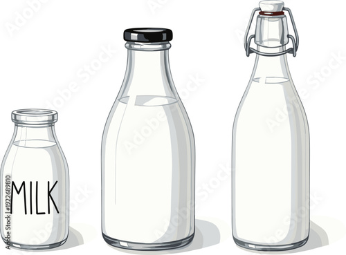 Glass milk bottles vector set. Vintage dairy containers with fresh milk. Realistic transparent bottle illustration collection isolated design.