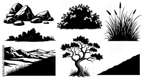 Nature Landscape Elements Vector Silhouette Set of Rocks, Bushes, Grass, Trees, and Mountains in Black and White Graphic Style