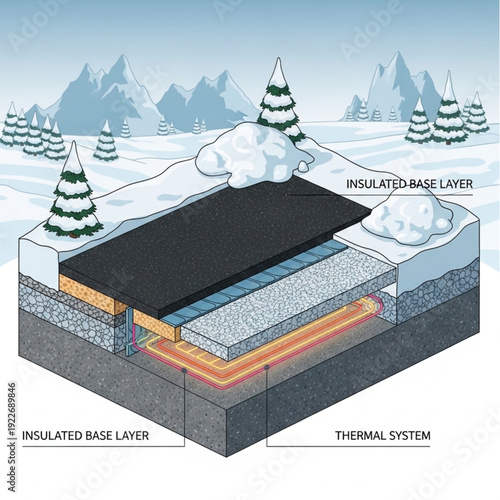 Cross-section of a thermal system in a snowy landscape with insulated layers.