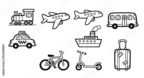 Travel and Transportation Industry Black and White Line Art Icons Set. Hand-drawn Doodle Vehicles and Luggage for Various Modes of Transport.