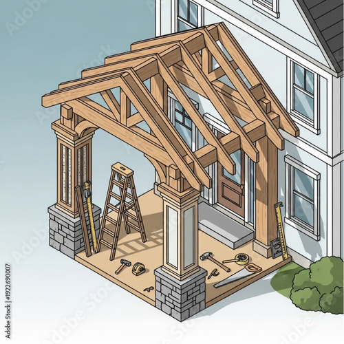 House under construction with wooden porch frame and building materials.