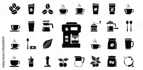 Coffee icons collection beans cups to go cups brewing machines grinders french press tea leaves cherries bags spoons