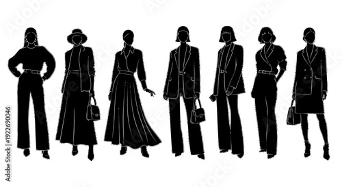 Elegant Women's Business and Casual Fashion Outfits in Black and White Silhouette Line Art Vector Illustration
