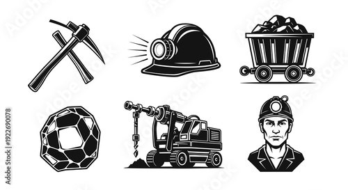 Mining Industry Black and White Vector Icon Set. Monochrome Collection of Miner Tools, Equipment, Hard Hat, Mine Cart, Pickaxe, Gemstone, Drilling Rig, and Worker Symbols.