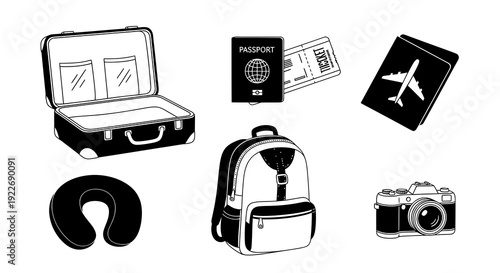 Travel and Tourism Essentials Black and White Line Art Icons Set. Vacation Objects: Luggage, Passport, Airplane Ticket, Backpack, Camera, Neck Pillow. Perfect for Holiday Journey.