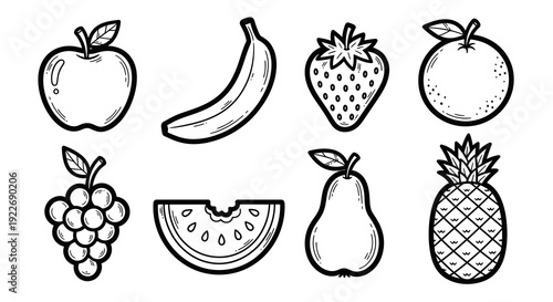 Food Industry Black  White Line Art Doodle Fruit Icons Set. Hand-drawn Outline Collection of Healthy Produce for Nutrition, Market, and Organic Design.