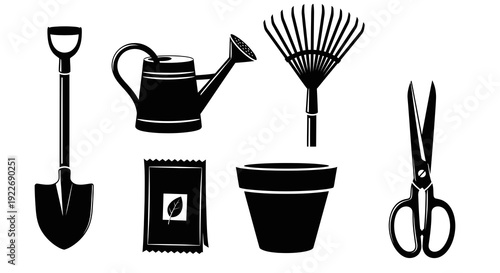 Gardening Tools and Supplies Black and White Vector Icons Set. Silhouette Glyph Kit for Horticulture, Planting, and Home Garden Activities.