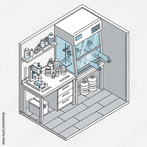 Isometric Laboratory Workspace with Equipment and Safety Features.
