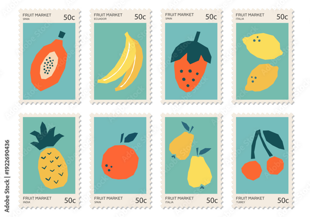 Fototapeta premium Fruit Market Postage Stamp Collection Minimalist Flat Vector Set