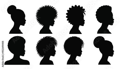  set of silhouettes of african women with different hairstyles