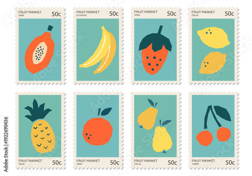 Fruit Market Postage Stamp Collection Minimalist Flat Vector Set