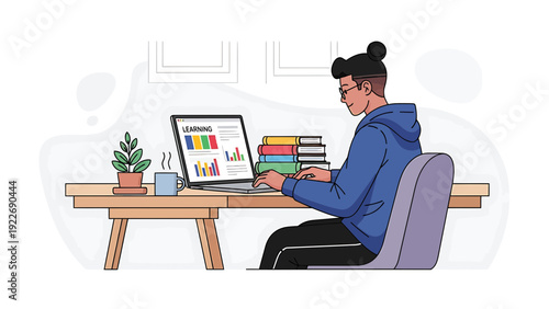 Student studying online with laptop and books, learning concept