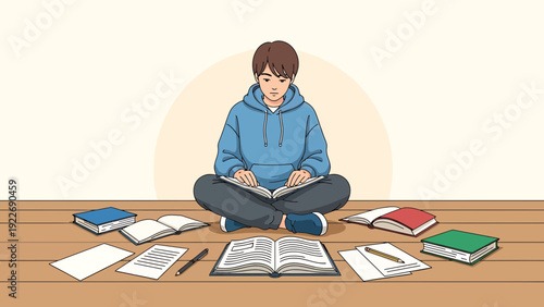 Student studying with books and notes, focused learning, cross-legged, calm environment