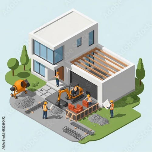 Modern House Under Construction with Workers and Heavy Machinery.