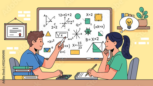 Students learning math, solving complex equations on whiteboard with calculator and books