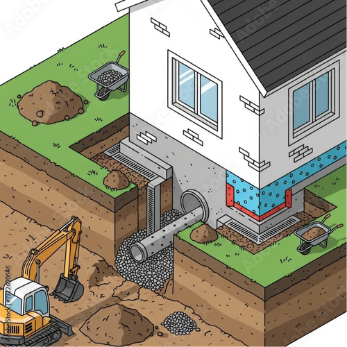 House Construction with Excavator and Drainage System Installation.